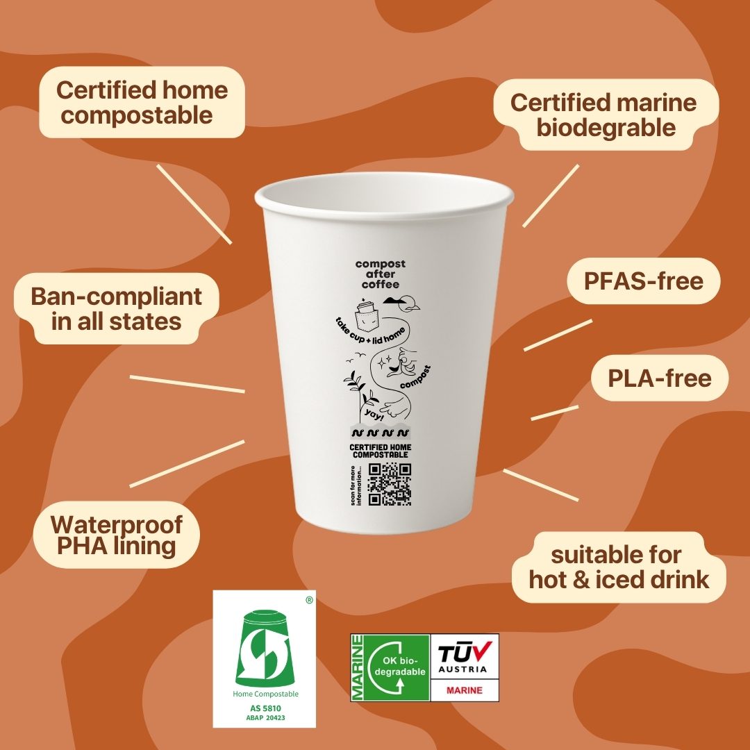 PHA coffee cup by Compostable Alternatives Australia